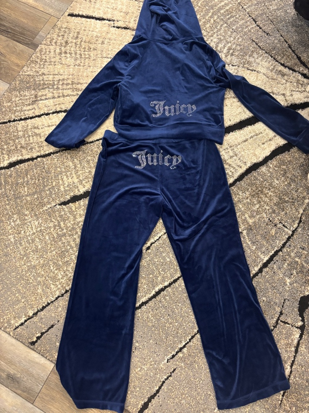 Juicy Couture Navy Velour Hooded Pajama Set with Rhinestone Logo